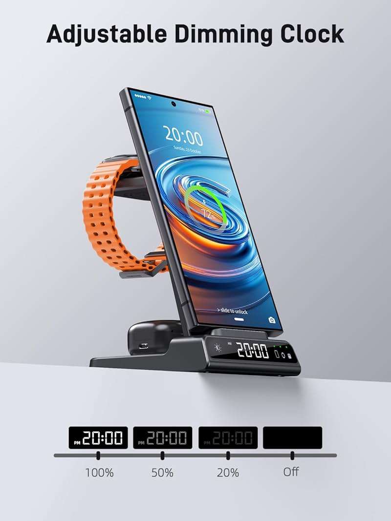 Wireless Charger for Samsung Charging Station: 3 in 1 Android Charging Stand with Dimmable Clock - Nightstand Organizer for Galaxy S25 Ultra, Galaxy Watch 8 7 6 5 4, Galaxy Buds (Not for iWatch) - Image 4