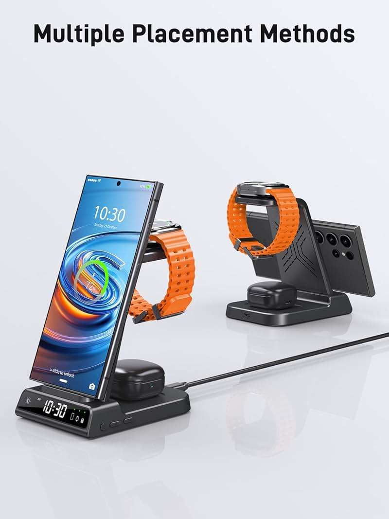 Wireless Charger for Samsung Charging Station: 3 in 1 Android Charging Stand with Dimmable Clock - Nightstand Organizer for Galaxy S25 Ultra, Galaxy Watch 8 7 6 5 4, Galaxy Buds (Not for iWatch) - Image 5