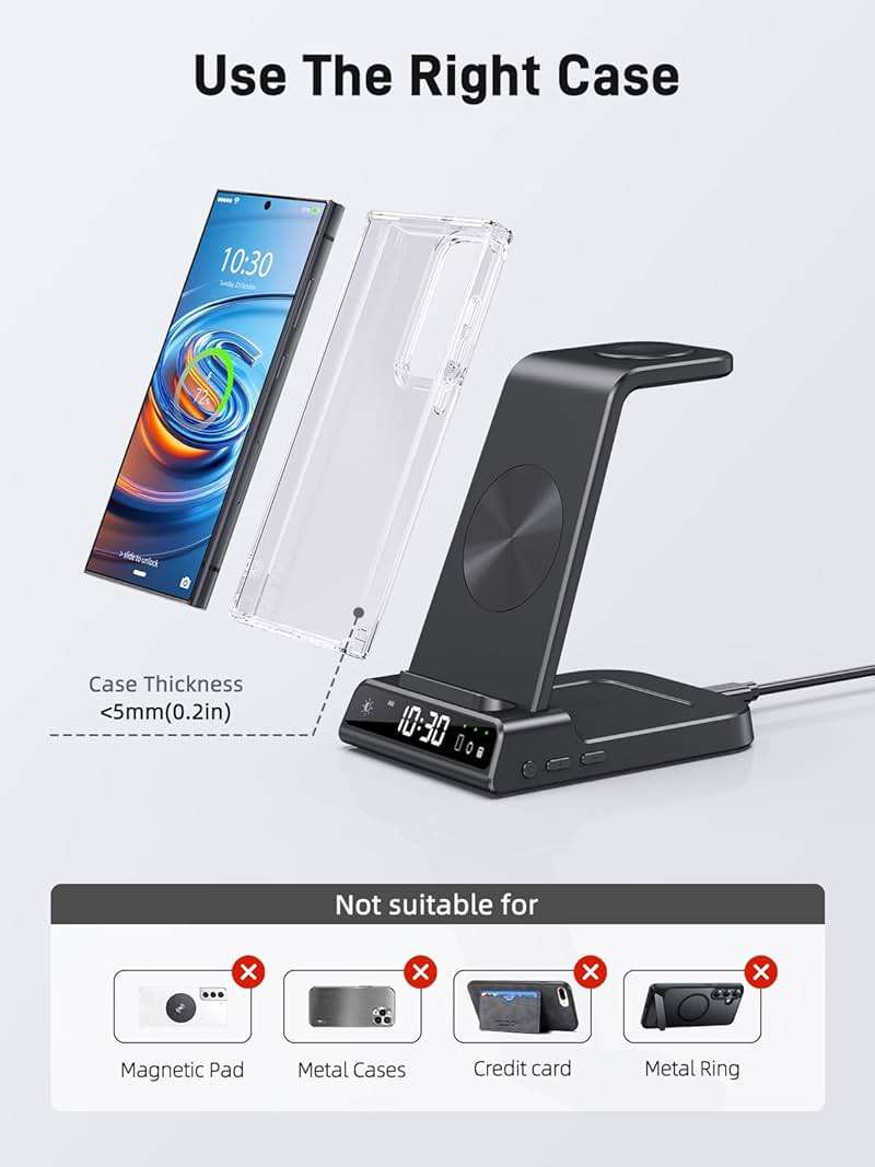 Wireless Charger for Samsung Charging Station: 3 in 1 Android Charging Stand with Dimmable Clock - Nightstand Organizer for Galaxy S25 Ultra, Galaxy Watch 8 7 6 5 4, Galaxy Buds (Not for iWatch) - Image 6