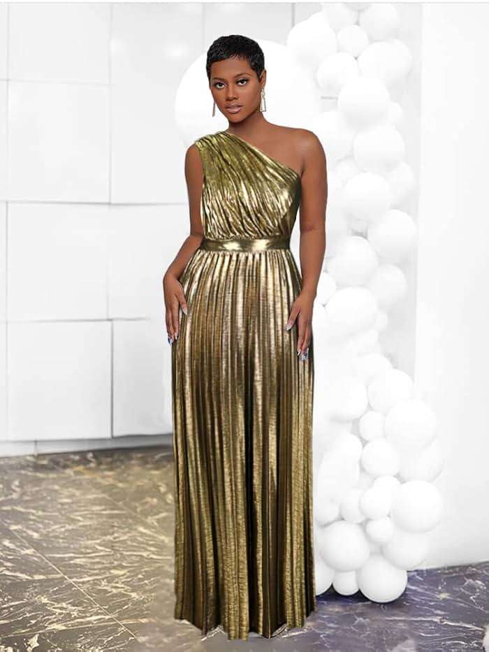 AOMEI Women's Luxury Metallic One Shoulder Sleeveless Elegant Pleated Long Dress - Image 2