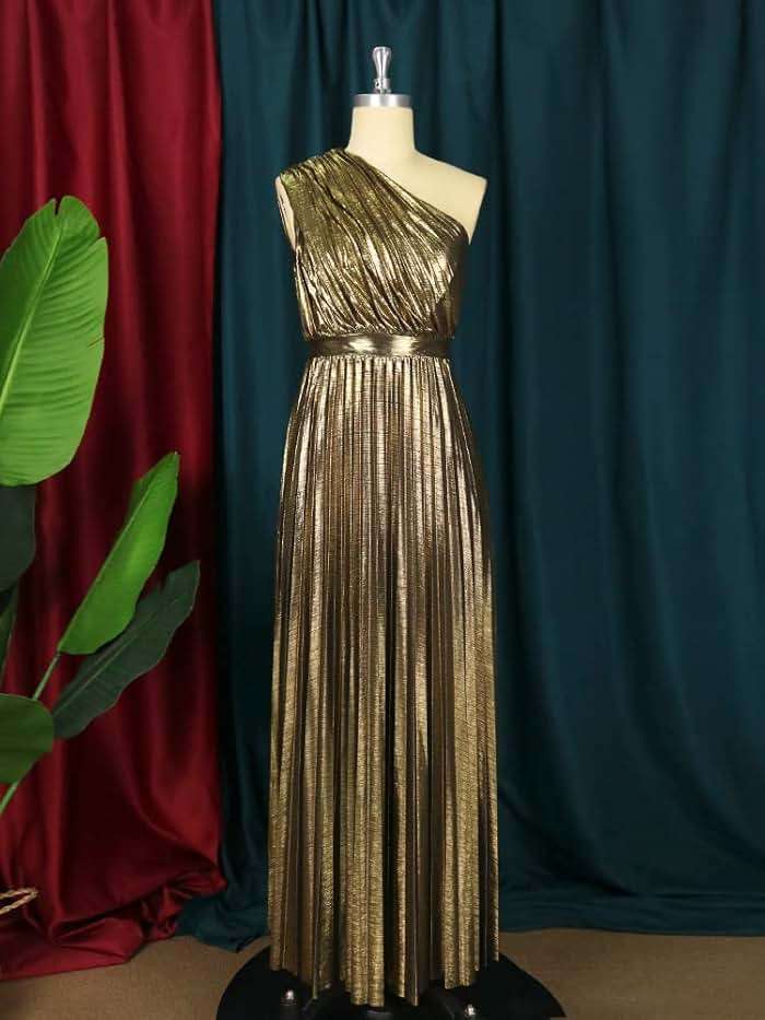 AOMEI Women's Luxury Metallic One Shoulder Sleeveless Elegant Pleated Long Dress - Image 3