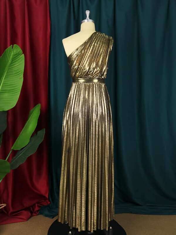 AOMEI Women's Luxury Metallic One Shoulder Sleeveless Elegant Pleated Long Dress - Image 4