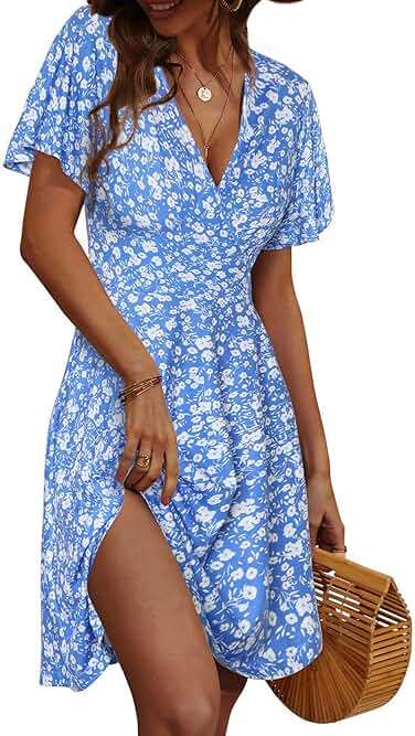 FENSACE Womens Sundress Summer Floral Short Sleeve Wrap V Neck A-Line Midi Dress - Image 1