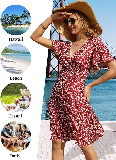 FENSACE Womens Sundress Summer Floral Short Sleeve Wrap V Neck A-Line Midi Dress - Image 5
