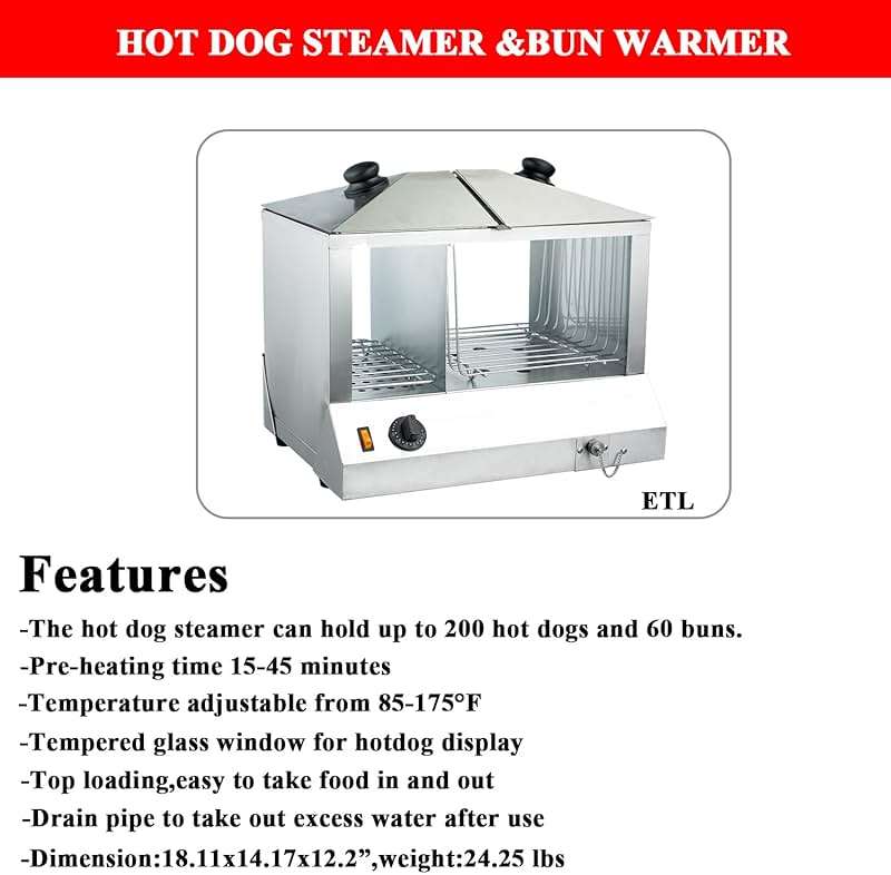 Commercial Hot Dog Machine With Bun Steamer Hotdogs Food Display Warmer Electric Portable (100 hotdogs,48 buns) - Image 2