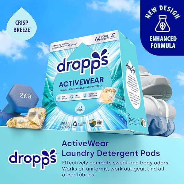 Dropps Activewear Laundry Detergent Pods, Crisp Breeze (64 Count) - Powerful Laundry Pods | Fights Sweat & Body Odors | For Synthetic Workout Clothes | Clean Ingredients | Plastic Free Packaging - Image 2