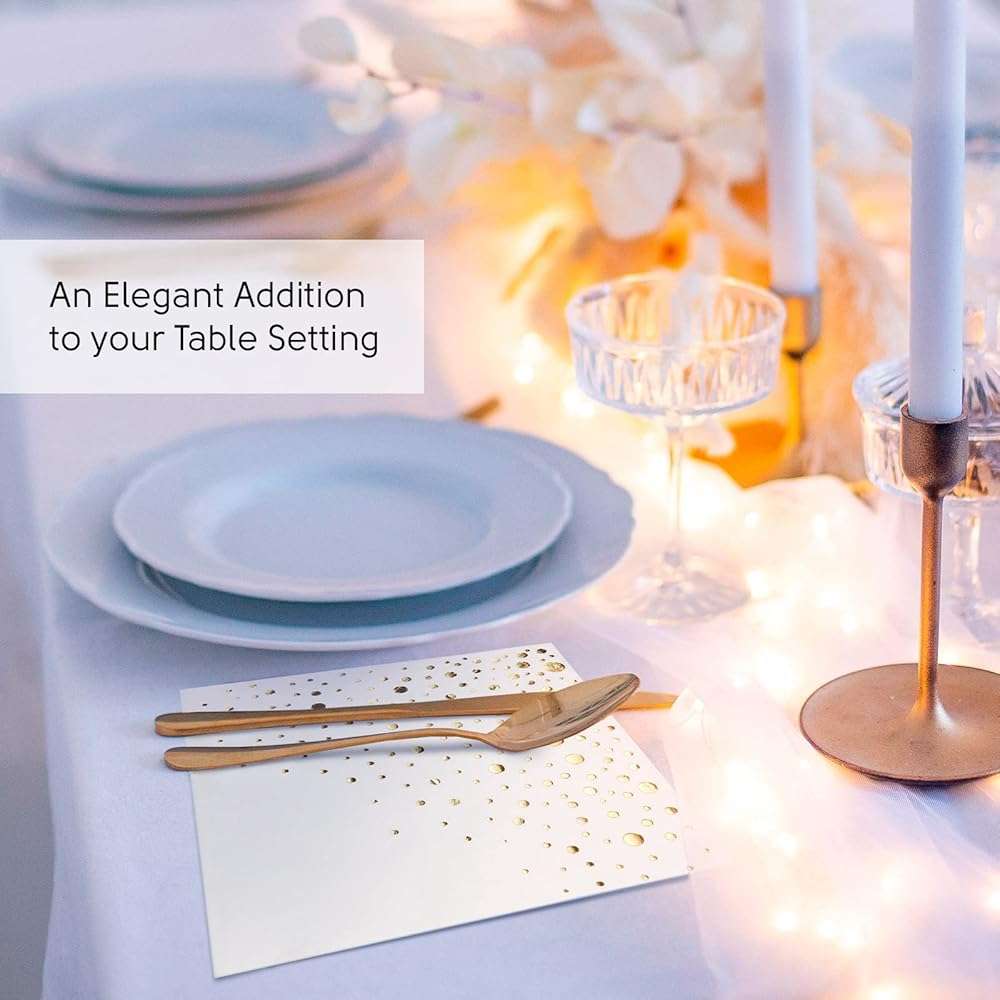 Stylish Gold Dinner Napkins, 100 White and Gold Napkins, Disposable Party Napkins, 7.5x4.25 Inch Wedding Napkins for Reception, 3-Ply Dinner Napkins, Disposable Napkins for Party, Gold Paper Napkins - Image 5