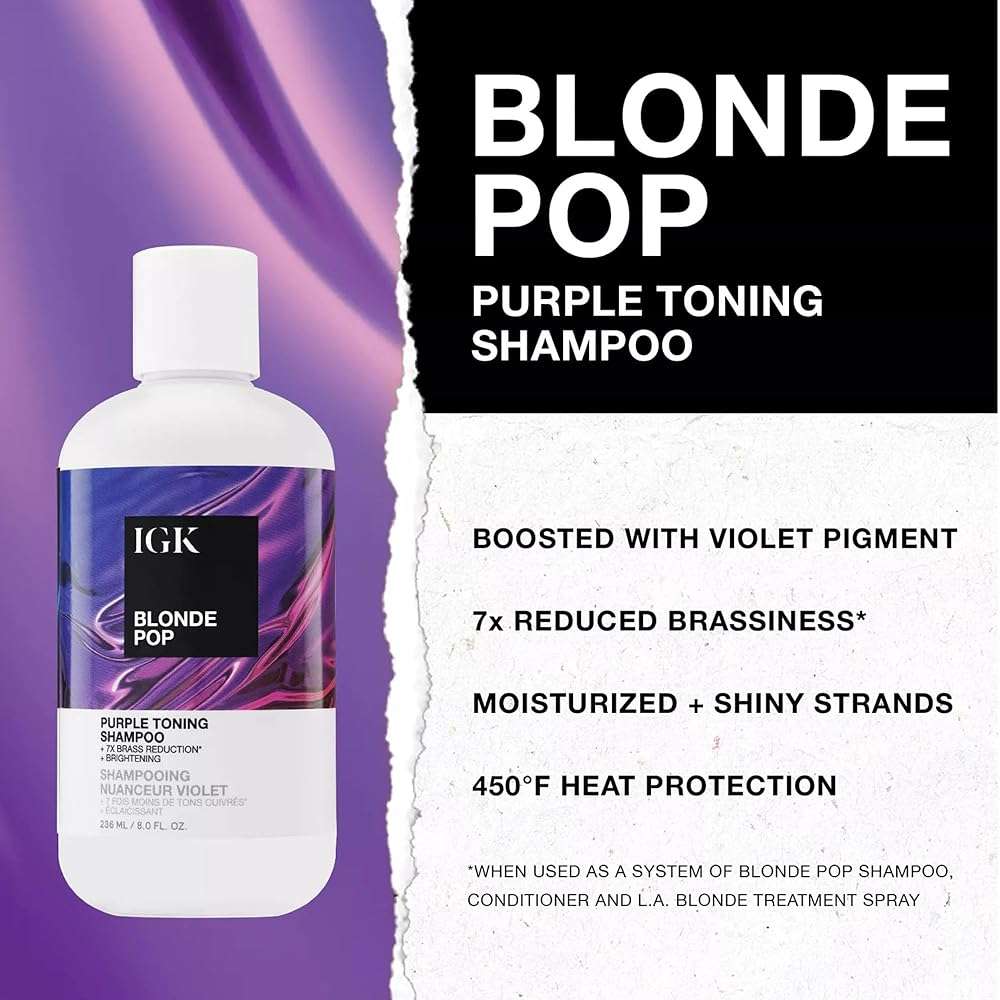 IGK BLONDE POP Purple Shampoo | Neutralizes Brass + Brightens Blonde | Toning Shampoo for Highlighted, Bleached & Color-Treated Hair | Vegan + Cruelty Free | 8 Oz - Image 4