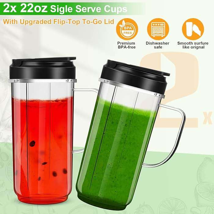 UBYNID 2 Pack Magic Bullet Blender Cups, Tall 22oz Cup with Flip Top To-Go Lid & 4 Fins Cross Blade Blender Replacement Parts, Replacement Cup Mug with Handle Compatible with Magic Bullet 250w MB1001 - Image 4