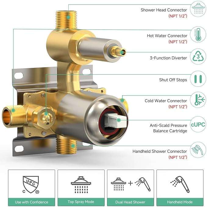 SR SUN RISE 12 Inch Rain Shower System, High Pressure Shower Heads and Handheld 6-Spray Combo Set Slide Bar Shower Faucets Sets Complete Included Valve and Trim Kit for Bathroom, Brushed Nickel - Image 3