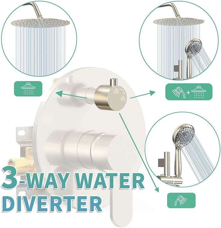 SR SUN RISE 12 Inch Rain Shower System, High Pressure Shower Heads and Handheld 6-Spray Combo Set Slide Bar Shower Faucets Sets Complete Included Valve and Trim Kit for Bathroom, Brushed Nickel - Image 4
