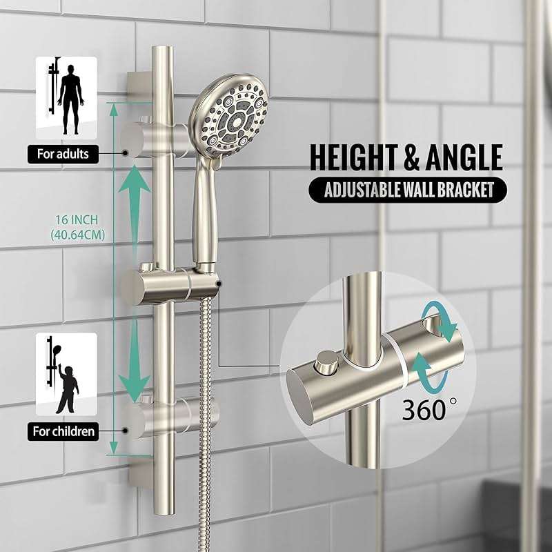 SR SUN RISE 12 Inch Rain Shower System, High Pressure Shower Heads and Handheld 6-Spray Combo Set Slide Bar Shower Faucets Sets Complete Included Valve and Trim Kit for Bathroom, Brushed Nickel - Image 6