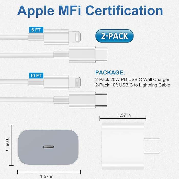 iPhone Charger Fast Charging 2 Pack Type C Wall Charger Block with 2 Pack [6FT&10FT] Long USB C to Lightning Cable for iPhone 14/13/12/12 Pro Max/11/Xs Max/XR/X,AirPods Pro - Image 6