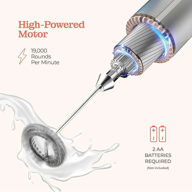 Powerful Handheld Milk Frother, Mini Milk Frother Wand, Battery Operated Stainless Steel Drink Mixer - Frother Stand for Milk Coffee, Lattes, Cappuccino, Frappe, Matcha, Hot Chocolate. Gift - Image 6