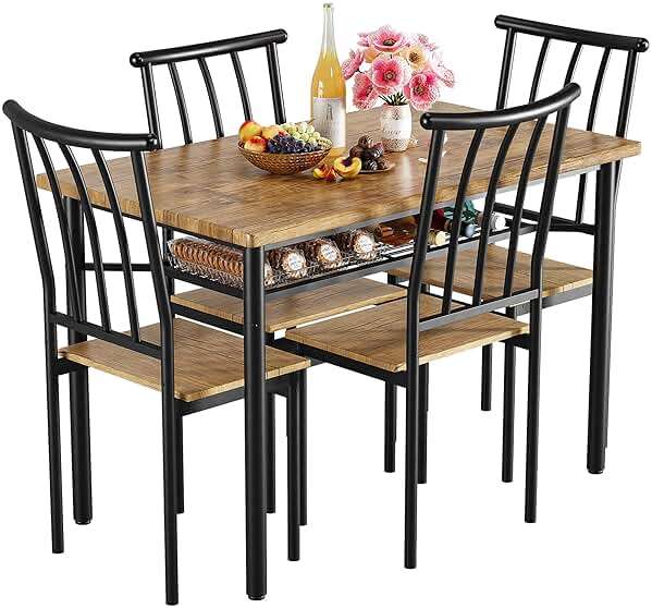 IDEALHOUSE 5 Piece Dining Table Set for 4, Kitchen Table and Chairs for 4 with Storage Rack, Metal and Wood Rectangular Dining Room Table Set for Kitchen, Dining Room, Dinette, Rustic Brown - Image 1