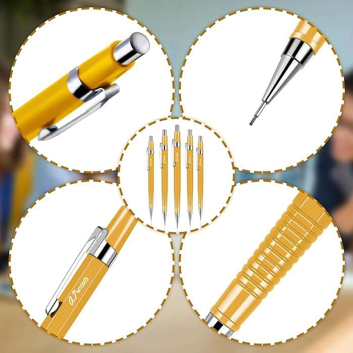 Outus 4 Pack Yellow Metal Mechanical Pencils, 0.9 mm Leads - Non-slip Grip, Retractable, Includes Refills for Drafting Sketching & Illustration Supplies - Image 4
