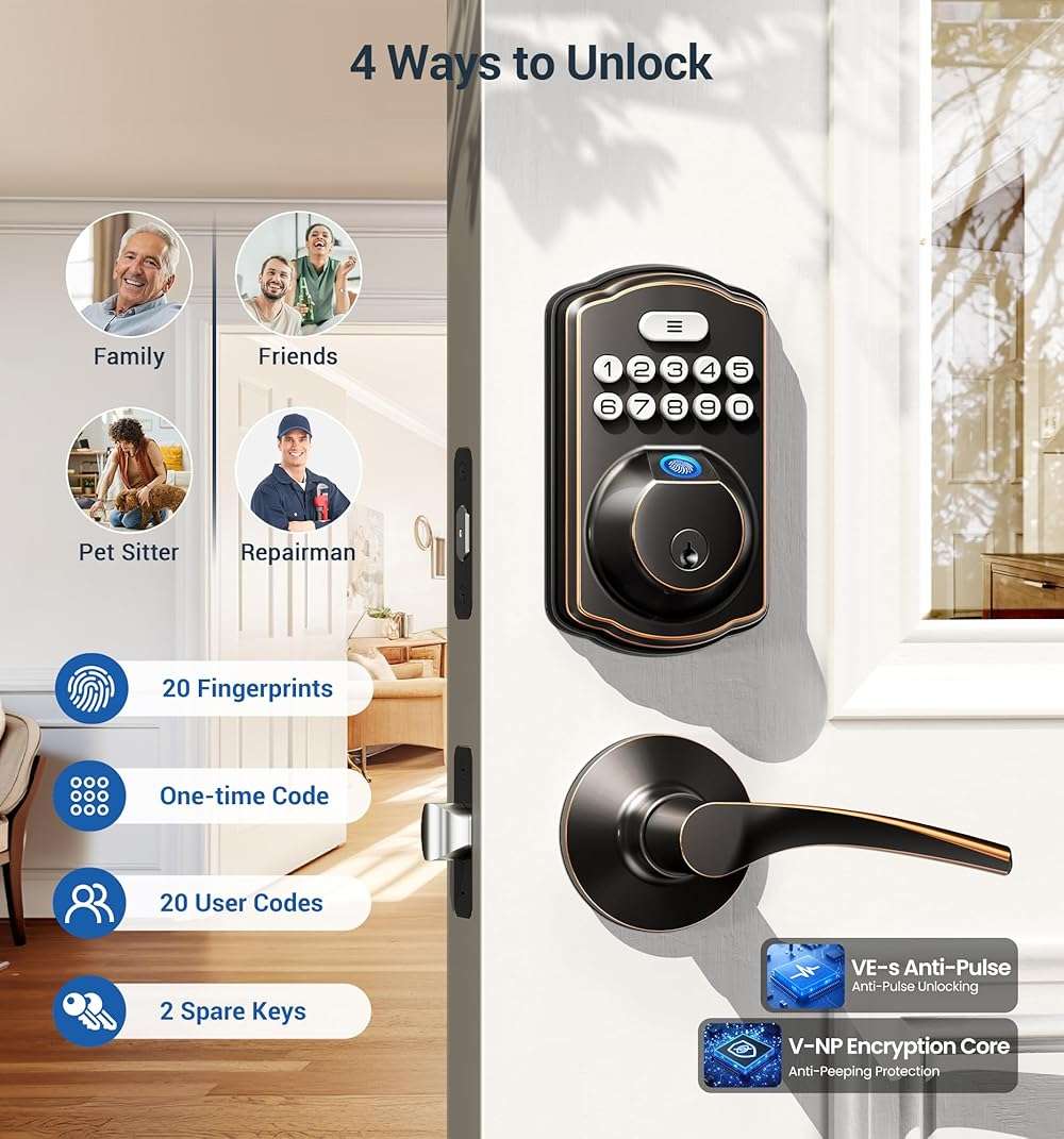 Veise Fingerprint Door Lock with 2 Lever Handles - Keyless Entry Door Lock, Electronic Keypad Deadbolt, Digital Smart Code & Front Handle Sets, Auto-Locking, Easy Installation, Oil Rubbed Bronze - Image 3