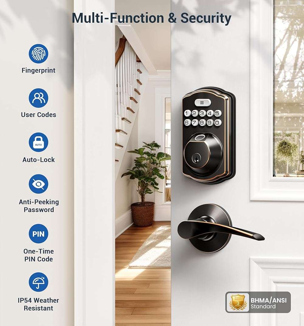 Veise Fingerprint Door Lock with 2 Lever Handles - Keyless Entry Door Lock, Electronic Keypad Deadbolt, Digital Smart Code & Front Handle Sets, Auto-Locking, Easy Installation, Oil Rubbed Bronze - Image 4