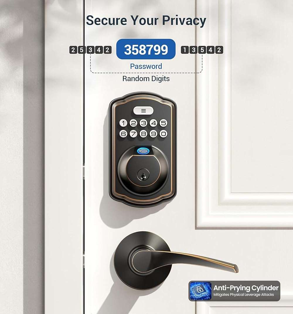 Veise Fingerprint Door Lock with 2 Lever Handles - Keyless Entry Door Lock, Electronic Keypad Deadbolt, Digital Smart Code & Front Handle Sets, Auto-Locking, Easy Installation, Oil Rubbed Bronze - Image 6