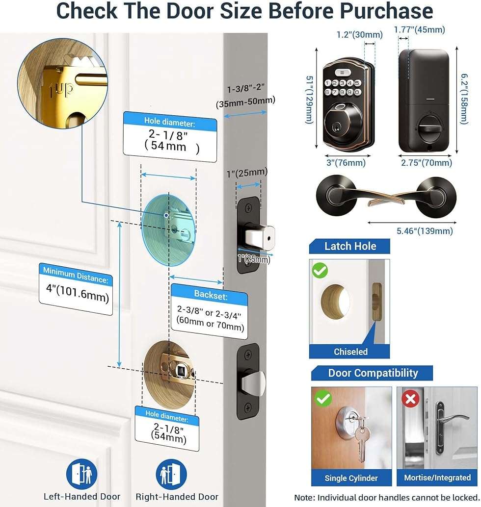 Veise Fingerprint Door Lock with 2 Lever Handles - Keyless Entry Door Lock, Electronic Keypad Deadbolt, Digital Smart Code & Front Handle Sets, Auto-Locking, Easy Installation, Oil Rubbed Bronze - Image 9
