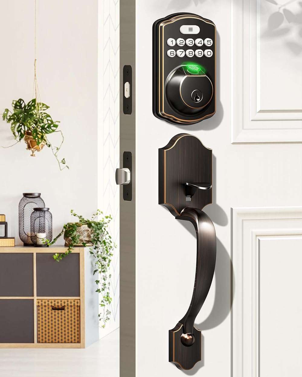Veise Fingerprint Door Lock Set, Keyless Entry Door Lock, Front Handle Set, Electronic Keypad Deadbolt with Lever Handle, 2 Keys, Auto-Locking, One-time Codes, Easy to Install, Oil Rubbed Bronze - Image 1