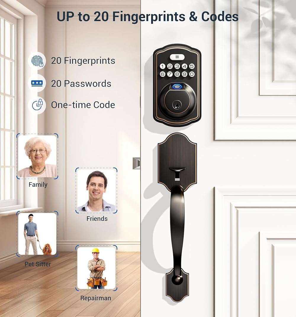 Veise Fingerprint Door Lock Set, Keyless Entry Door Lock, Front Handle Set, Electronic Keypad Deadbolt with Lever Handle, 2 Keys, Auto-Locking, One-time Codes, Easy to Install, Oil Rubbed Bronze - Image 3