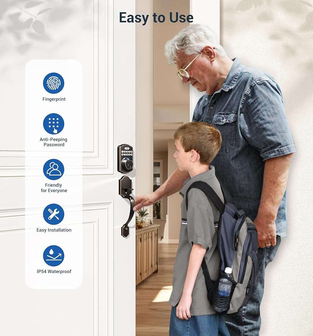 Veise Fingerprint Door Lock Set, Keyless Entry Door Lock, Front Handle Set, Electronic Keypad Deadbolt with Lever Handle, 2 Keys, Auto-Locking, One-time Codes, Easy to Install, Oil Rubbed Bronze - Image 5