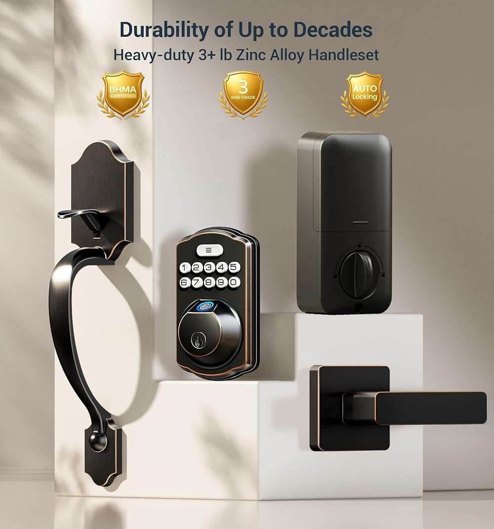 Veise Fingerprint Door Lock Set, Keyless Entry Door Lock, Front Handle Set, Electronic Keypad Deadbolt with Lever Handle, 2 Keys, Auto-Locking, One-time Codes, Easy to Install, Oil Rubbed Bronze - Image 6