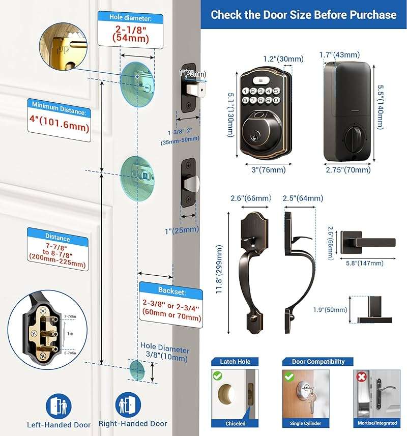 Veise Fingerprint Door Lock Set, Keyless Entry Door Lock, Front Handle Set, Electronic Keypad Deadbolt with Lever Handle, 2 Keys, Auto-Locking, One-time Codes, Easy to Install, Oil Rubbed Bronze - Image 9