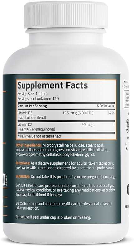 Bronson Vitamin K2 D3 (MK7) Supplement Non-GMO Formula Vitamin D3 5000IU (125 mcg) & 90 mcg K2 MK-7, Easy to Swallow D & K Complex, 120 Tablets - Image 2