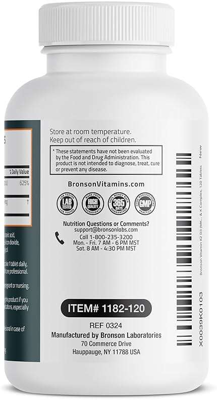 Bronson Vitamin K2 D3 (MK7) Supplement Non-GMO Formula Vitamin D3 5000IU (125 mcg) & 90 mcg K2 MK-7, Easy to Swallow D & K Complex, 120 Tablets - Image 7