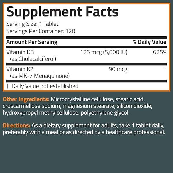 Bronson Vitamin K2 D3 (MK7) Supplement Non-GMO Formula Vitamin D3 5000IU (125 mcg) & 90 mcg K2 MK-7, Easy to Swallow D & K Complex, 120 Tablets - Image 8