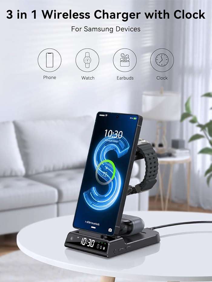Wireless Charger for Samsung Charging Station with Clock for Samsung Galaxy S25 Ultra/S24 Ultra/Z Flip 7/Fold 6/Bud, 3 in 1 Android Charging Station, Watch Charger for Samsung Galaxy Watch 8/7/6/5Pro - Image 2