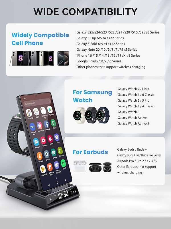 Wireless Charger for Samsung Charging Station with Clock for Samsung Galaxy S25 Ultra/S24 Ultra/Z Flip 7/Fold 6/Bud, 3 in 1 Android Charging Station, Watch Charger for Samsung Galaxy Watch 8/7/6/5Pro - Image 3