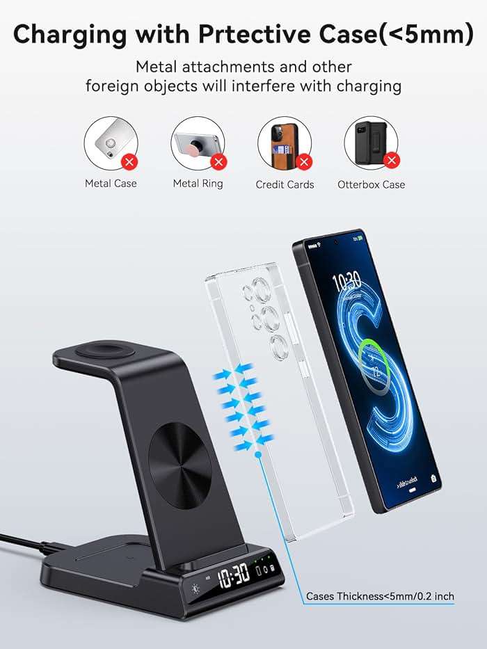 Wireless Charger for Samsung Charging Station with Clock for Samsung Galaxy S25 Ultra/S24 Ultra/Z Flip 7/Fold 6/Bud, 3 in 1 Android Charging Station, Watch Charger for Samsung Galaxy Watch 8/7/6/5Pro - Image 4