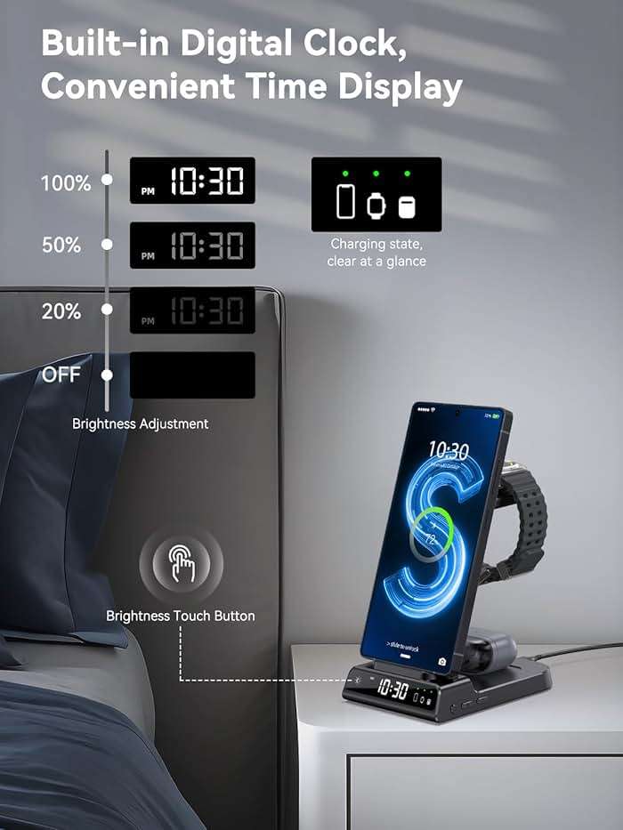 Wireless Charger for Samsung Charging Station with Clock for Samsung Galaxy S25 Ultra/S24 Ultra/Z Flip 7/Fold 6/Bud, 3 in 1 Android Charging Station, Watch Charger for Samsung Galaxy Watch 8/7/6/5Pro - Image 5