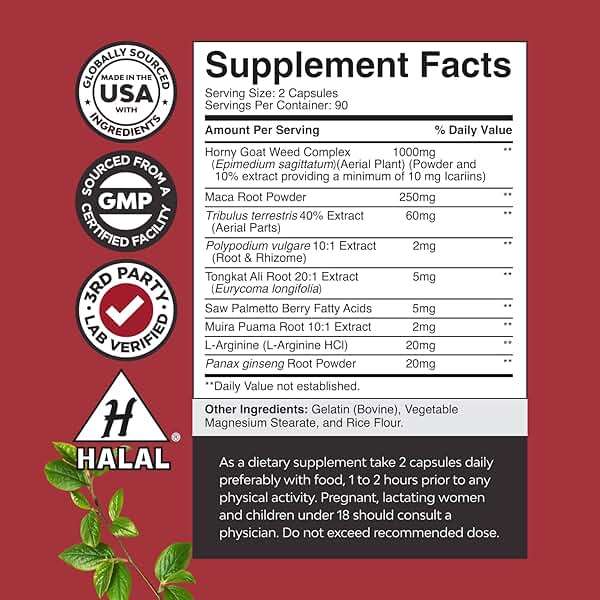 Horny Goat Weed for Male Enhancement - Testosterone Booster Supplement for Men - 1000mg per serving Complex with Tongkat Ali Saw Palmetto Extract & Panax Ginseng - Black Maca Root for Stamina & Energy - Image 2