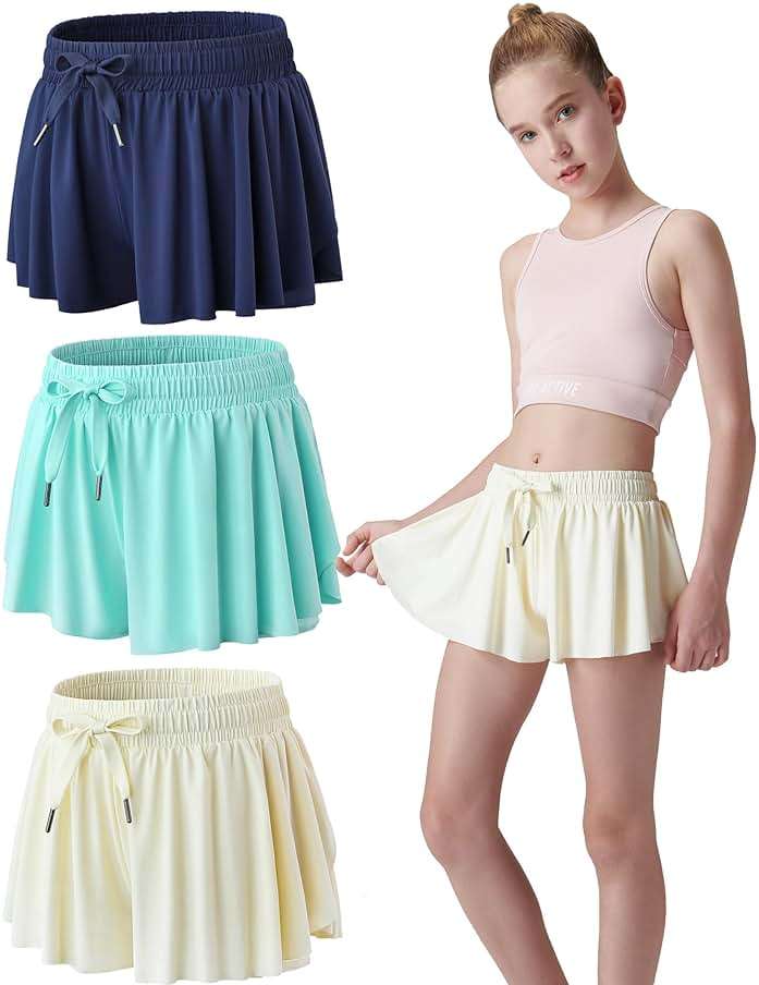 1 or 3 Pack Girls Flowy Shorts with Spandex Liner & Pocket, 2-in-1 Athletic Butterfly Shorts for Running Dance - Image 1
