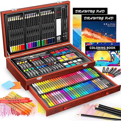 Caliart Art Supplies, 153-Pack Deluxe Art Set in Wooden Case, Crafts Drawing Painting Kits with 2 A4 Sketch Pads, Coloring Book, Birthday Gifts for Teens Girls Boys Kids Adults Artists - Image 1