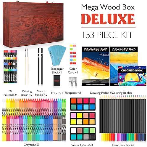 Caliart Art Supplies, 153-Pack Deluxe Art Set in Wooden Case, Crafts Drawing Painting Kits with 2 A4 Sketch Pads, Coloring Book, Birthday Gifts for Teens Girls Boys Kids Adults Artists - Image 2