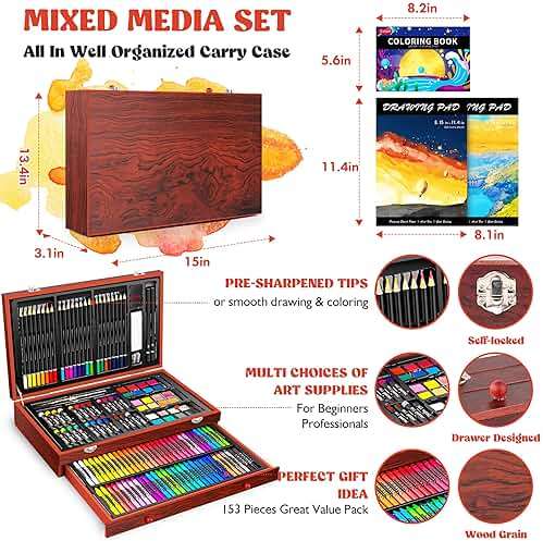 Caliart Art Supplies, 153-Pack Deluxe Art Set in Wooden Case, Crafts Drawing Painting Kits with 2 A4 Sketch Pads, Coloring Book, Birthday Gifts for Teens Girls Boys Kids Adults Artists - Image 3