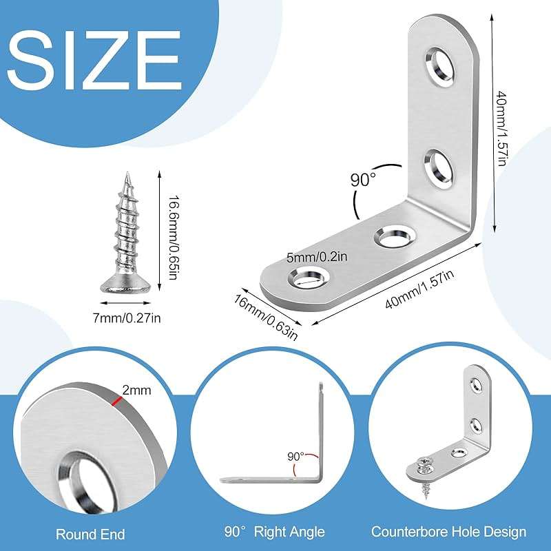 16 Pcs L Bracket Stainless Steel Corner Brace Sets, 90 Degree Right Angle Brackets with 64 Pcs Screws, L Bracket Firmware for Wooden Shelves, Chairs, Tables, Dressers, Furniture (Silver) - Image 2