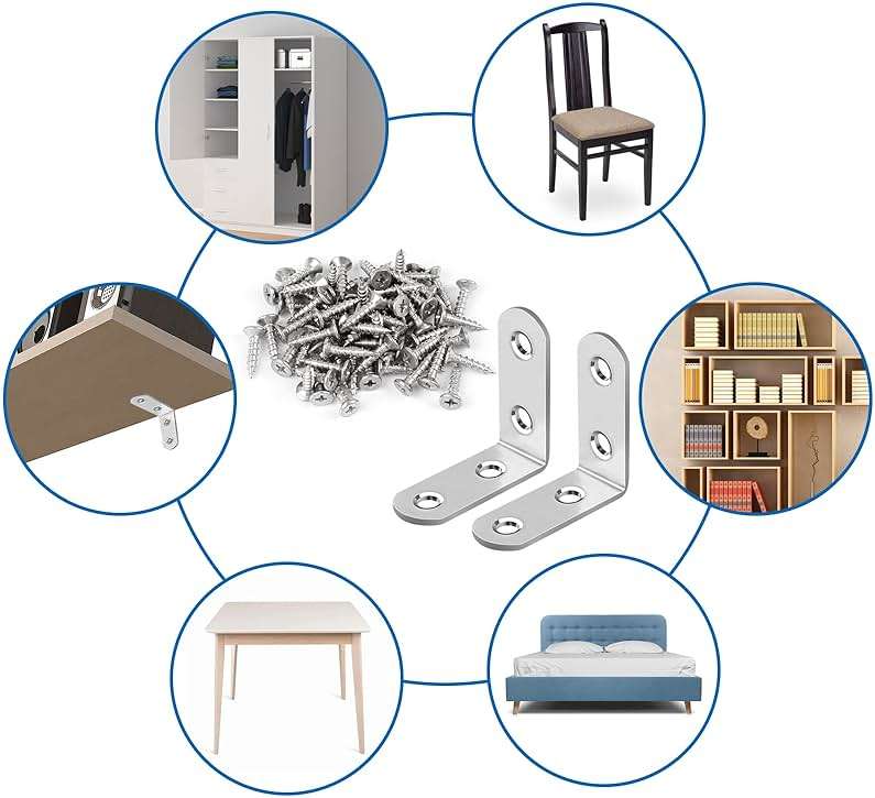 16 Pcs L Bracket Stainless Steel Corner Brace Sets, 90 Degree Right Angle Brackets with 64 Pcs Screws, L Bracket Firmware for Wooden Shelves, Chairs, Tables, Dressers, Furniture (Silver) - Image 6