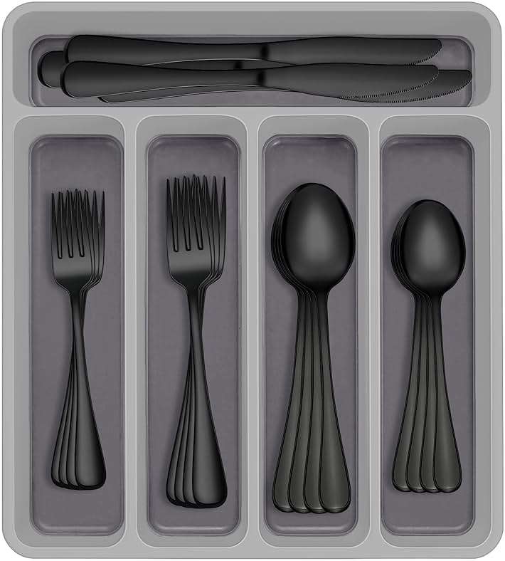 60-Piece Black Silverware Set with Organizer, AIVIKI Stainless Steel Flatware for 12, Cutlery Utensil Set for Home Restaurant, Tableware Includes Knife Fork Spoon Set, Mirror Polished - Image 1