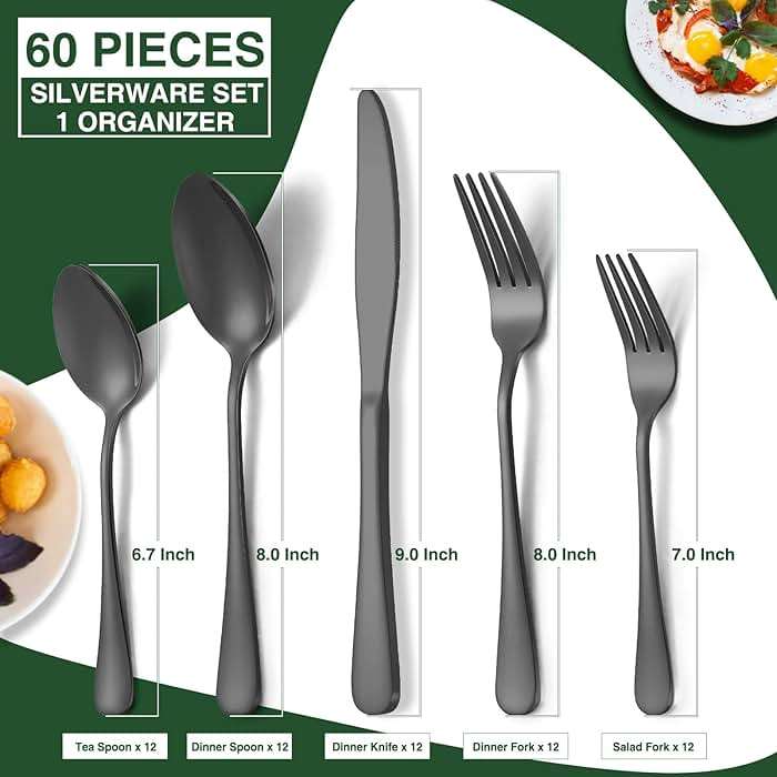60-Piece Black Silverware Set with Organizer, AIVIKI Stainless Steel Flatware for 12, Cutlery Utensil Set for Home Restaurant, Tableware Includes Knife Fork Spoon Set, Mirror Polished - Image 3