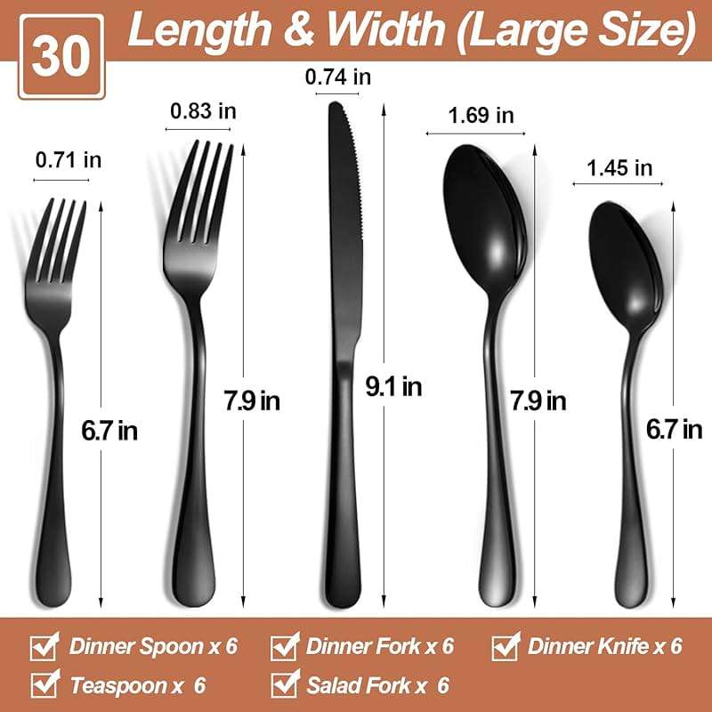 30 Pcs Black Silverware Set for 6, Food Grade Stainless Steel Flatware Set, Eating Utensils Sets Include Fork/Knife/Spoon, Reusable Cutlery Set for Home Kitchen, Dishwasher Safe, Round Edge - Image 2