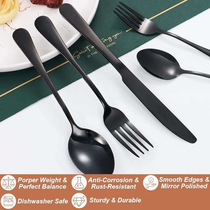 30 Pcs Black Silverware Set for 6, Food Grade Stainless Steel Flatware Set, Eating Utensils Sets Include Fork/Knife/Spoon, Reusable Cutlery Set for Home Kitchen, Dishwasher Safe, Round Edge - Image 3