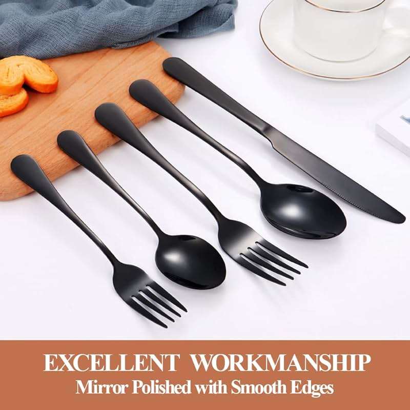 30 Pcs Black Silverware Set for 6, Food Grade Stainless Steel Flatware Set, Eating Utensils Sets Include Fork/Knife/Spoon, Reusable Cutlery Set for Home Kitchen, Dishwasher Safe, Round Edge - Image 4