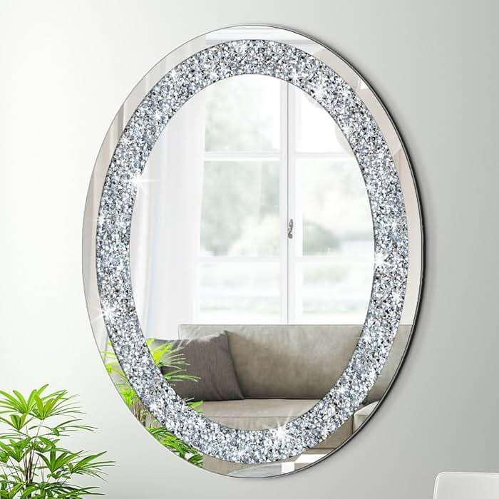 DMDFIRST Crystal Crushed Diamond Oval Shaped Silver Mirror Glam Bling for Wall Decoration 24x32x0.9inch Frameless Wall Hang Sparkly Glass Mirror Stunning Stylish Fashion Home Decor Decorative Mirror - Image 1