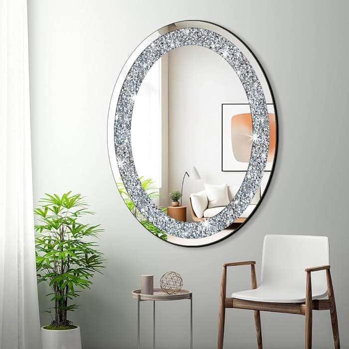 DMDFIRST Crystal Crushed Diamond Oval Shaped Silver Mirror Glam Bling for Wall Decoration 24x32x0.9inch Frameless Wall Hang Sparkly Glass Mirror Stunning Stylish Fashion Home Decor Decorative Mirror - Image 3